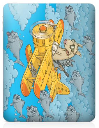 Антропоморфные герои в жёлтом биплане преследуют стаю рыб летают среди облаков - Наклейки на iPad, страница 56
