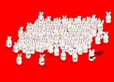 Энергичная сцена белых мультяшных кроликов на красном фоне Кролики правят всегда - Купить футболки победителей, Новинки, страница 95 