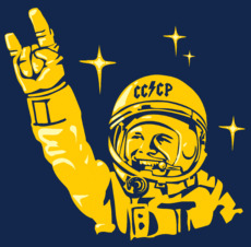 Космонавт с жестом коза и надписью СССР в стиле рок-н-ролл