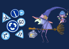 Witch and creature among road signs – Ведьма и спутник на метле ночью - Купить футболки победителей, Новинки, страница 95 