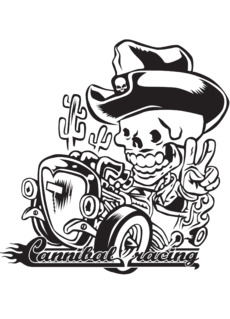 Скелет в шляпе на хотроде с огненным следом Cannibal Racing / Каннибальские гонки