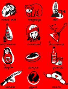 Русский алфавит с символами России и советским прошлым на красном фоне