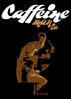 Caffeine mania/Кофеиномания минимализм ретро плакат с силуэтами бариста и чашки