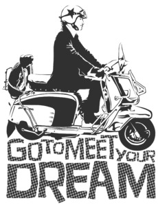 Человек на классическом скутере в стиле модов с надписью GO TO MEET YOUR DREAM