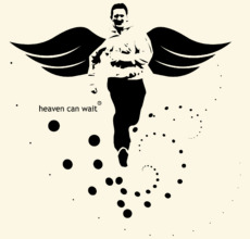 Мужчина с крыльями бегущий вперед с текстом heaven can wait®