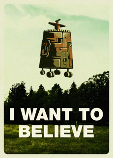 Футуристический летательный аппарат с колёсиками в лесу I Want To Believe