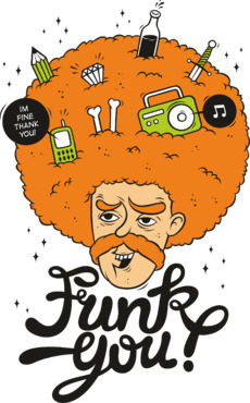 Мужчина с афро прической наполненной предметами Funk you