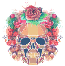 Polygonal human skull and watercolor wreath.Los muertos.