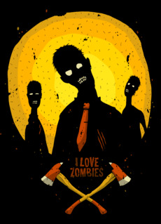 Зомби в галстуке на фоне луны с топорами I LOVE ZOMBIES