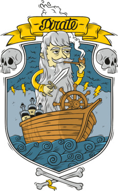 Cartoon Pirate Captain / Старый морской волк в маленькой деревянной лодке