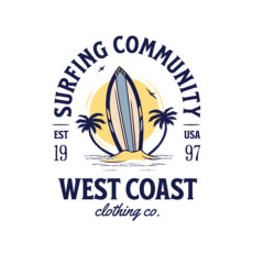 Ретро логотип Surfing Community с пальмами и солнцем - Купить футболки победителей, Новинки, страница 12 